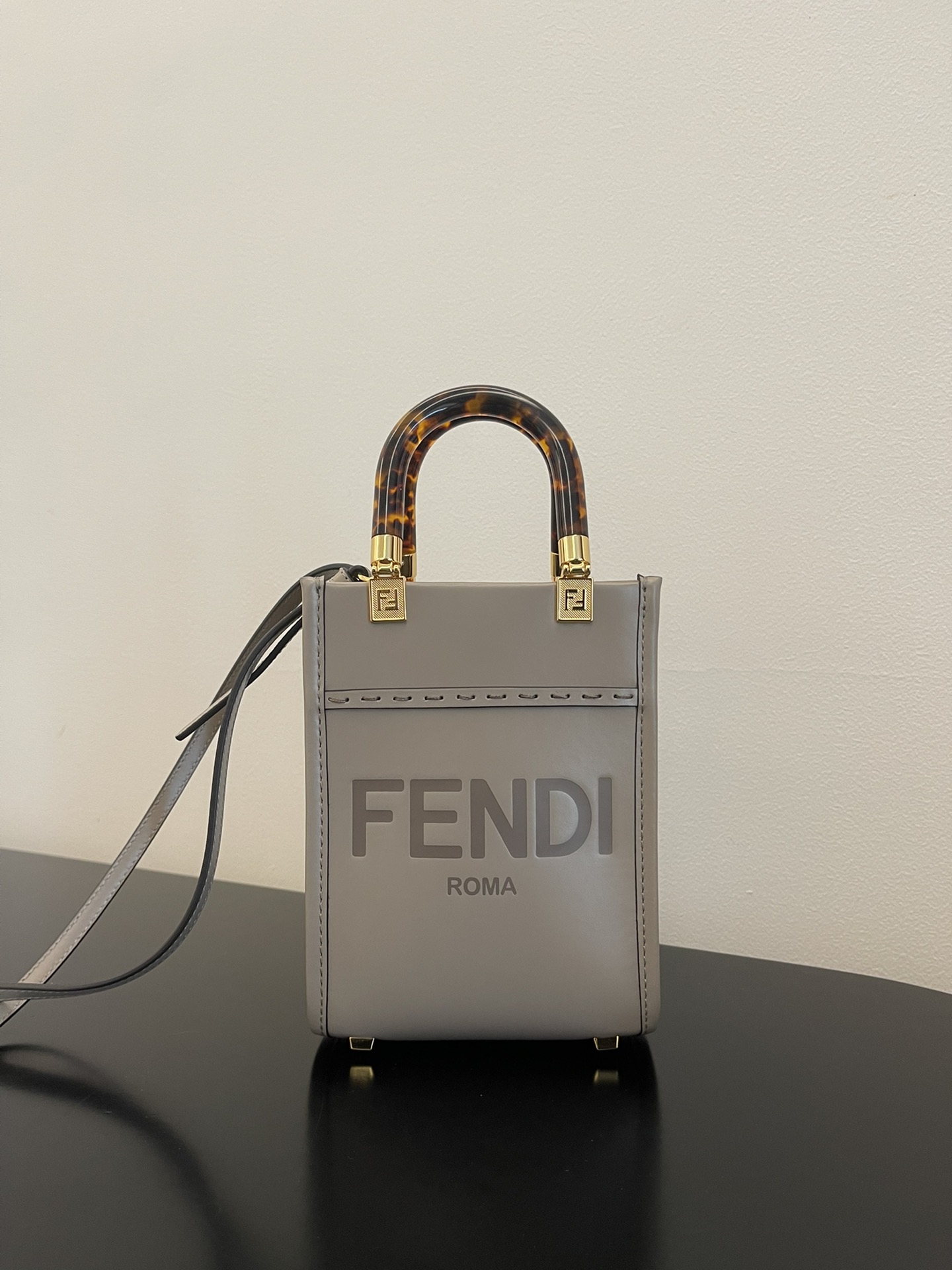 Fendi Mini Sunshine Shopper Grey Leather Bag